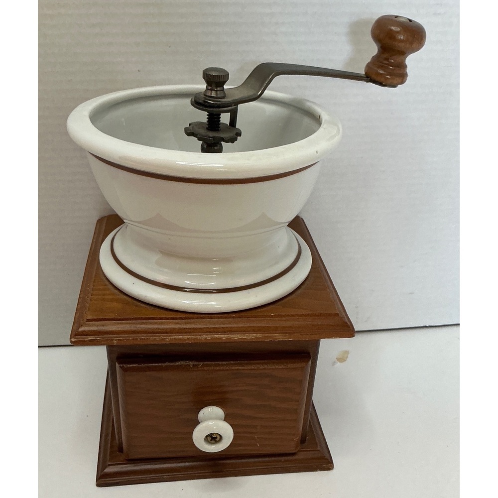 Teleflora Vintage 1982 Coffee Grinder Manual Crank Ceramic Wood Farmhouse Decor
